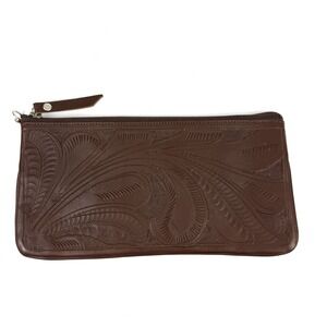 Leaders In Leather Handmade Floral Tooled Brown Clutch NO STRAP Made Paraguay